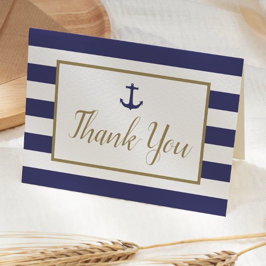 Carte De Remerciements Nautical Navy Blue Stripes Anchor Gold Script