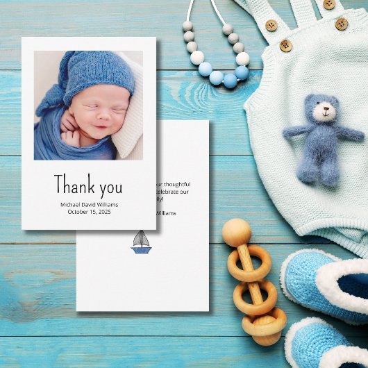 Carte De Remerciements Nautical Sailboat Baby Boy Photo Simple Shower Tha