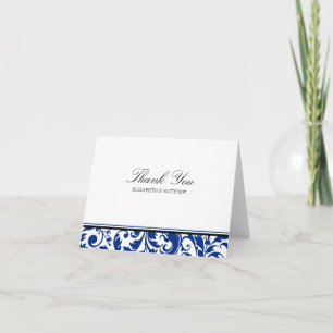 Carte De Remerciements Navy Blue and Black Swirl Damask Wedding Thank You