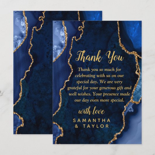 Carte De Remerciements Navy Blue and Gold Agate Marble Wedding (Devant / Derrière)
