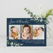 Carte De Remerciements Navy Blue Eucalyptus 3 Photo Bébé statistiques de (Debout devant)