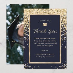 Carte De Remerciements Navy Blue Gold Elegant Modern Photo Graduation