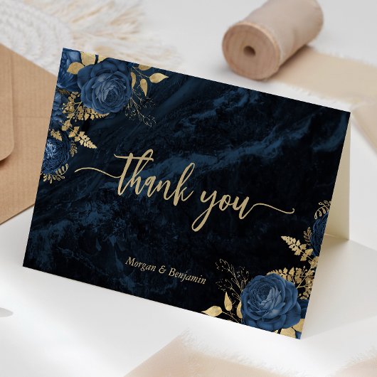 Carte De Remerciements Navy Blue Gold Floral Script Wedding