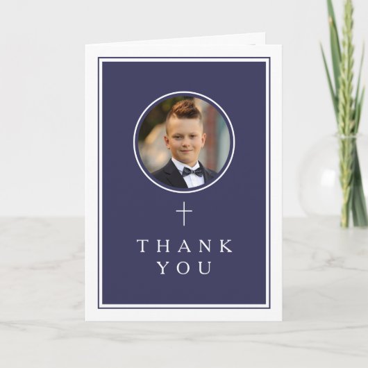 Carte De Remerciements Navy Blue Photo Boy First Communion (Devant)