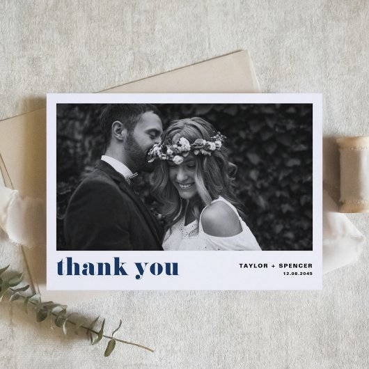 Carte De Remerciements Navy Blue Retro Bold Typographie Mariage photo