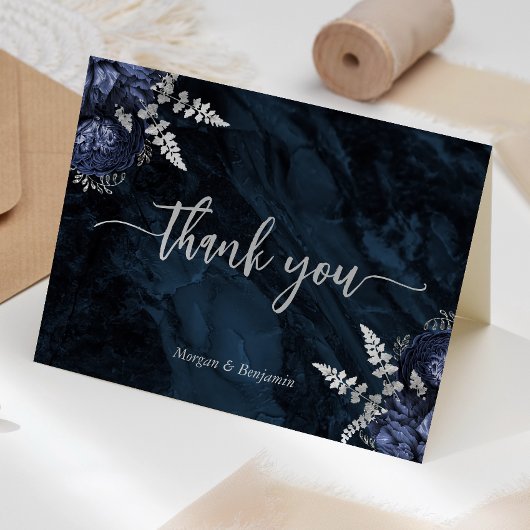 Carte De Remerciements Navy Blue Silver Floral Script Wedding