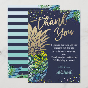 Carte De Remerciements Navy Blue Tropical Luau Pineappal Beach Party