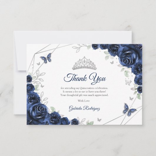 Carte De Remerciements Navy Silver Floral Quinceanera (Devant)