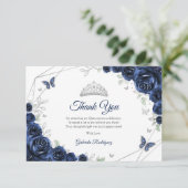 Carte De Remerciements Navy Silver Floral Quinceanera (Debout devant)
