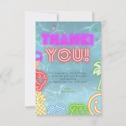 Carte De Remerciements Neon Glow Pool Party Any Age Birthday (Devant)
