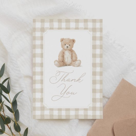 Carte De Remerciements Neutral Gingham Teddy Bear Baby Shower