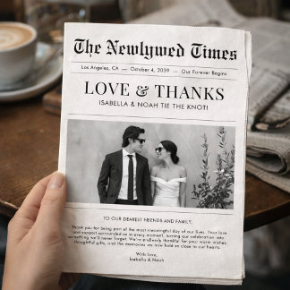 Carte De Remerciements Newspaper Style Newlywed Wedding Thank You