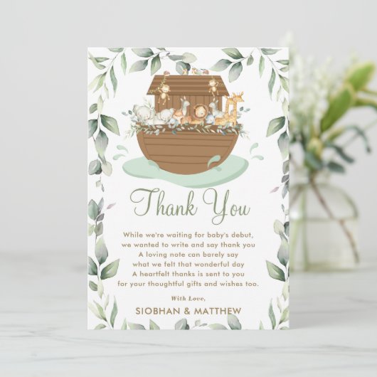 Carte De Remerciements Noah's Ark Greenery Baby shower Genre Neutre (Debout devant)