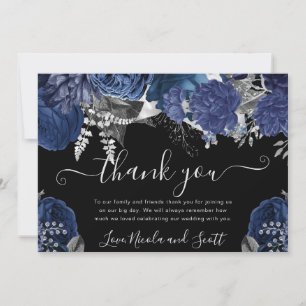 Carte De Remerciements Noces aquarelle roses navies et argent