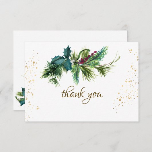 Carte De Remerciements Noël À feuillage persistant Rouge Gold Mariage d'h (Devant / Derrière)