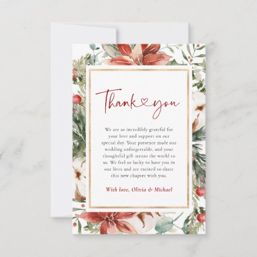 Carte De Remerciements Noël hiver Rouge Vert or Mariage (Devant)