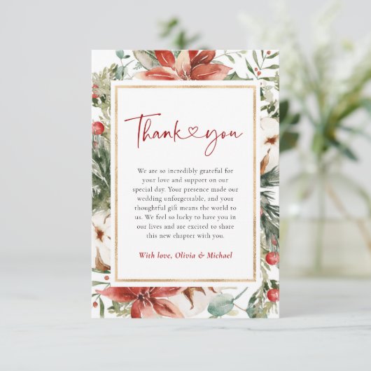 Carte De Remerciements Noël hiver Rouge Vert or Mariage (Debout devant)