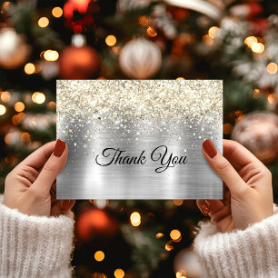 Carte De Remerciements Noël métal brossé argent or faux paillettes