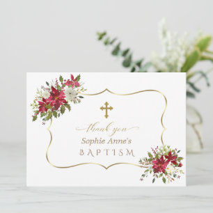 Carte De Remerciements Noël Rouge Blanc Poinsettia Baptême