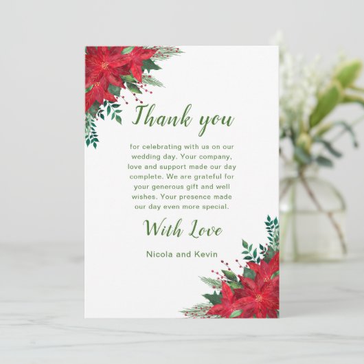 Carte De Remerciements Noël Rouge Poinsettia Fleurs Mariage (Debout devant)