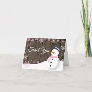 Carte De Remerciements Noël rustique d'hiver Bonhomme de neige rose