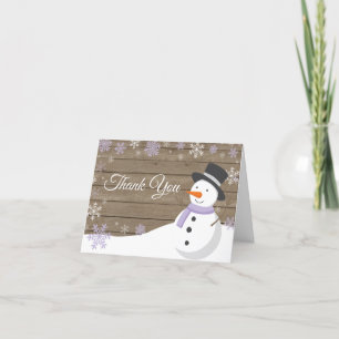 Carte De Remerciements Noël rustique d'hiver Bonhomme de neige Violet