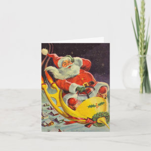 Carte De Remerciements Noël vintage, le Père Noël dans un vaisseau spatia