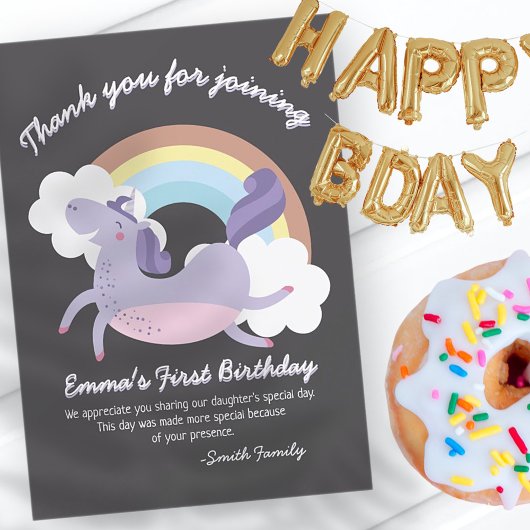 Carte De Remerciements Noir avec Rainbow Unicorn | Anniversaire