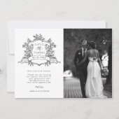 Carte De Remerciements Noir & blanc classique Cimier Floral Photo Mariage (Devant)