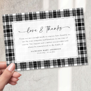Carte De Remerciements Noir blanc Plaid Sympathy Funérailles