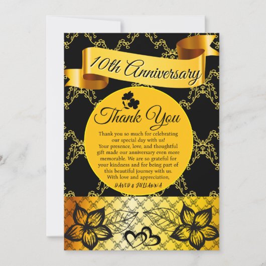 Carte De Remerciements Noir et or Moderne Dentelle Cœur Mariage Anniversa (Devant)