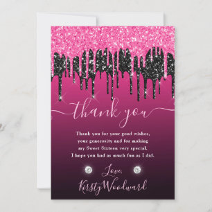 Carte De Remerciements Noir et rose qui dégouline de paillettes Sweet 16