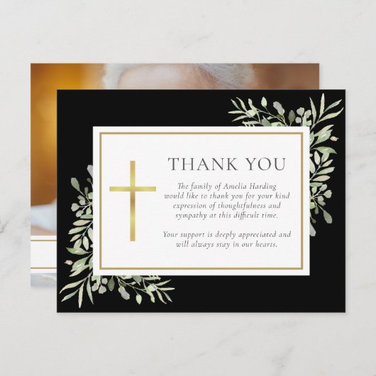 Carte De Remerciements Noir Funérailles Aquarelle Verdure Photo chrétienn (Devant / Derrière)