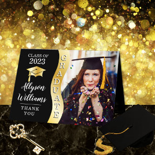 Carte De Remerciements Noir Gold Graduate Wave Grad Casquette photo