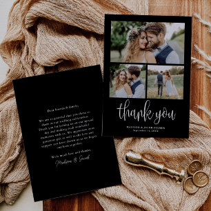 Carte De Remerciements Noir moderne calligraphie Mariage Trois photos