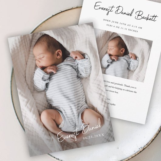 Carte De Remerciements Nom de bébé Photo Bébé écriture moderne