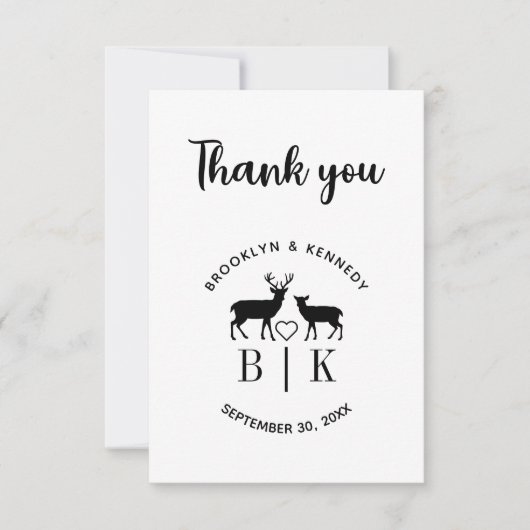 Carte De Remerciements Nom de couple Deer Monogram Mariage campagnard rus (Devant)