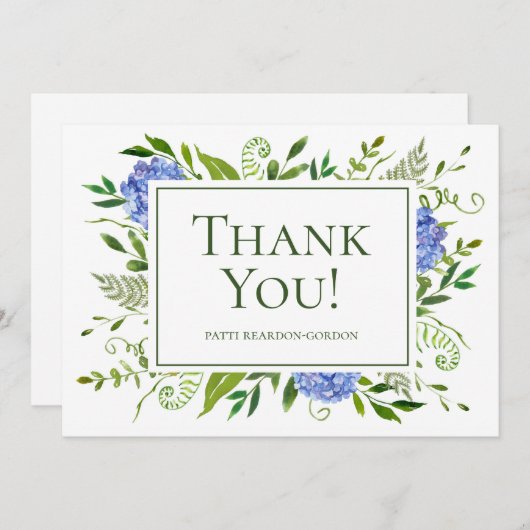 Carte De Remerciements Nom de l'aquarelle Blue Hydrangeas (Devant / Derrière)