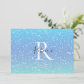 Carte De Remerciements Nom du monogramme Initial Blue Green Sparkle Girl (Debout devant)