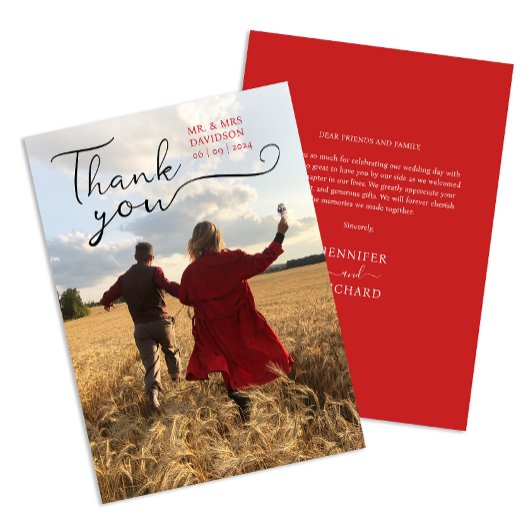 Carte De Remerciements Nom et photo de mariage de budget rouge de script