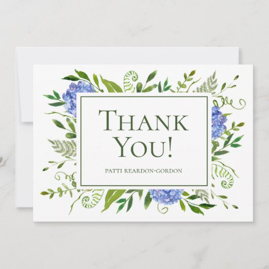 Carte De Remerciements Nom Hydrangeas Bleues Aquarelle (Devant)