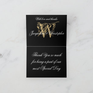 Carte De Remerciements Noms Monogramme Élégants Mariage Noir Or Plié