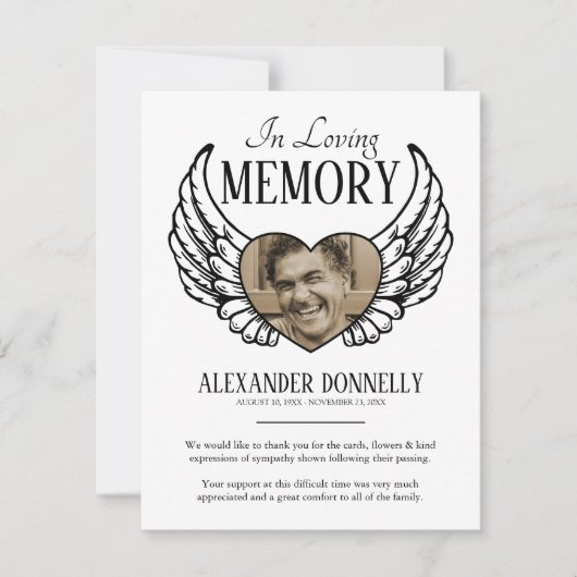 Carte De Remerciements Note de sympathie funéraire | Angel Wings (Devant)