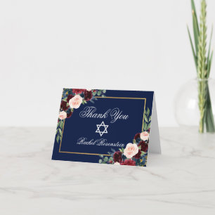 Carte De Remerciements Note d'or bleu bat mitzvah Floral Bourgogne