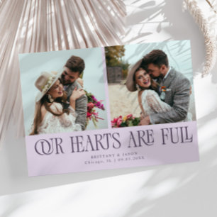 Carte De Remerciements Notre cœur est plein Photo de mariage violet