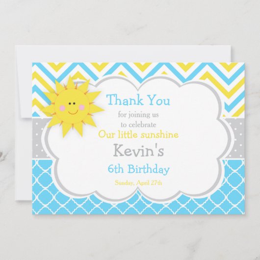 Carte De Remerciements Notre petit Anniversaire bleu et jaune soleil (Devant)