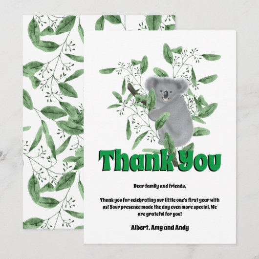 Carte De Remerciements Nounours de koala mignon grimpant un eucalyptus (Devant / Derrière)