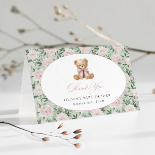 Carte De Remerciements Nounours en peluche, Nœud rose, Fleurs roses, Baby