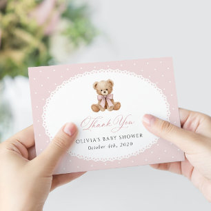 Carte De Remerciements Nounours en peluche, Nœud rose, Points roses, Baby
