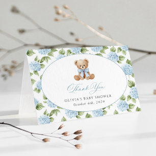 Carte De Remerciements Nounours, Nœud Bleu, Fleurs Bleues, Fête Prénatale